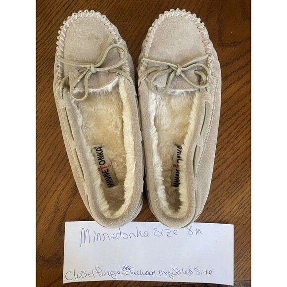 Minnetonka Leather Moccasins Faux Fur Lined Slippers Size 8M - Picture 1 of 16